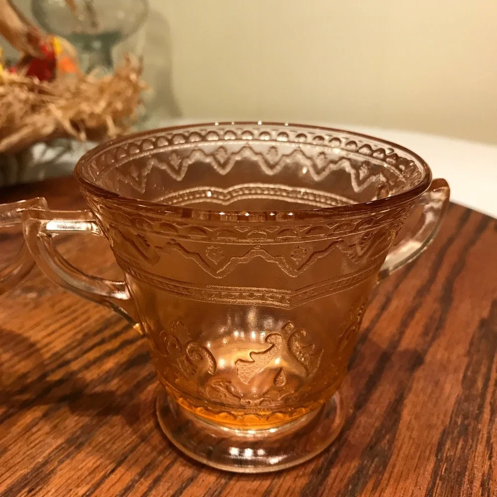 Pink/Amber Depression Glass Creamer and‎ Sugar Bowl